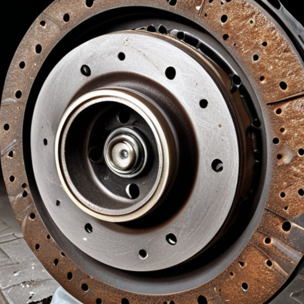 **Image Prompt:** Close-up shot of a car's brake rotor, heavily rusted and with deep grooves, emphasizing the need for brake maintenance. A worn brake pad is barely visible. Focus on texture and detail.