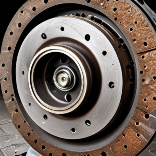 Home 4 **Image Prompt:** Close-up shot of a car's brake rotor, heavily rusted and with deep grooves, emphasizing the need for brake maintenance. A worn brake pad is barely visible. Focus on texture and detail.
