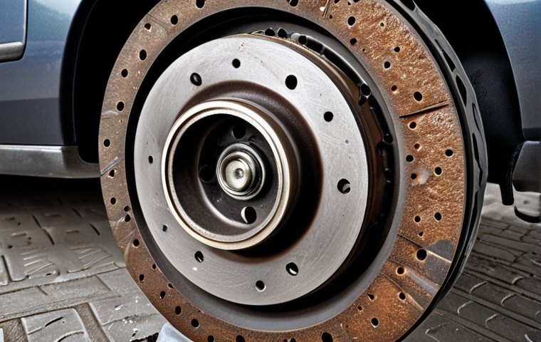 **Image Prompt:** Close-up shot of a car's brake rotor, heavily rusted and with deep grooves, emphasizing the need for brake maintenance. A worn brake pad is barely visible. Focus on texture and detail.