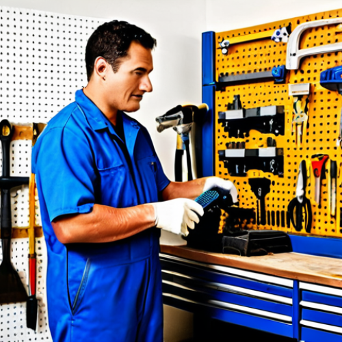 Well-Equipped Mechanic**

"A mechanic in a clean, well-lit garage, fully clothed in a blue jumpsuit, appropriate attire, organizing his tools on a pegboard, safe for work, perfect anatomy, correct proportions, professional photography, family-friendly, focus on organization and cleanliness"

**