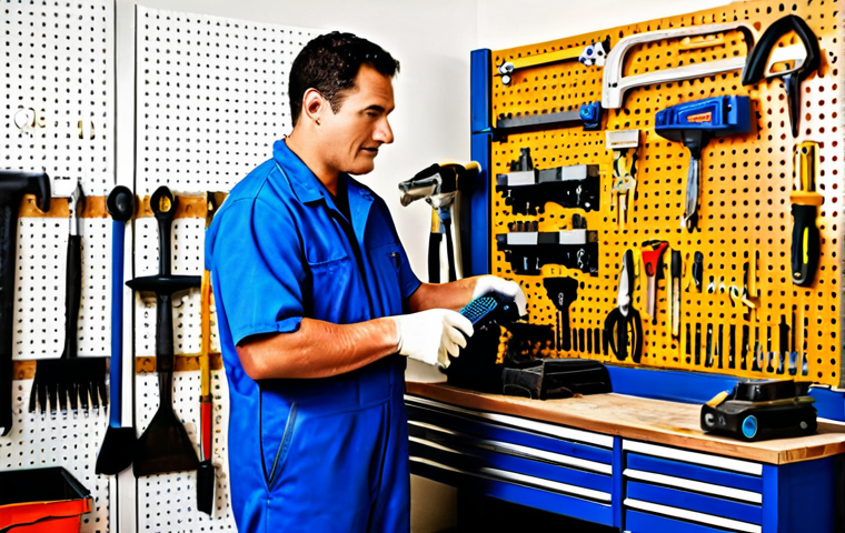 Well-Equipped Mechanic**

"A mechanic in a clean, well-lit garage, fully clothed in a blue jumpsuit, appropriate attire, organizing his tools on a pegboard, safe for work, perfect anatomy, correct proportions, professional photography, family-friendly, focus on organization and cleanliness"

**
