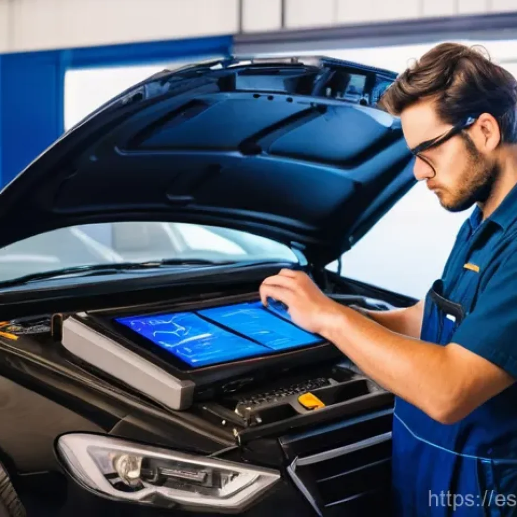 자동차정비 실무에서 사용하는 장비 - **Diagnostic Brain of the Workshop**
    A focused, professional male or female mechanic, aged 30-45...