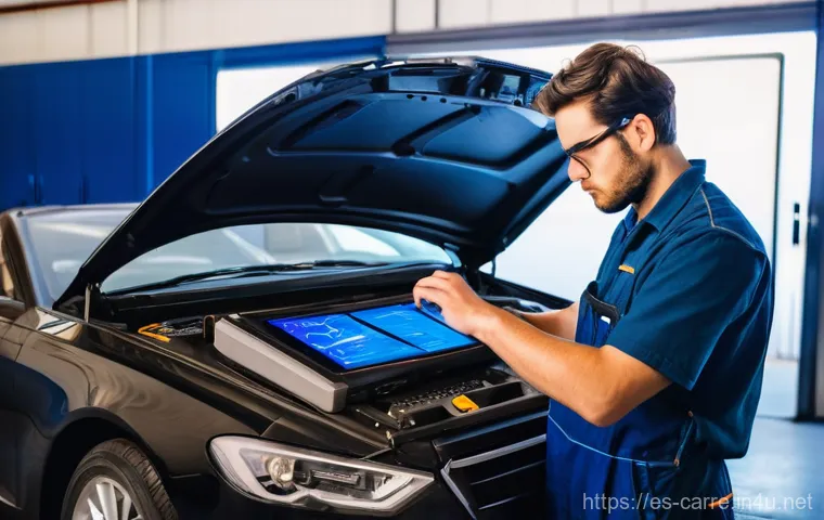 자동차정비 실무에서 사용하는 장비 - **Diagnostic Brain of the Workshop**
    A focused, professional male or female mechanic, aged 30-45...