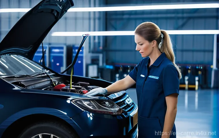 자동차정비 실무에서 사용하는 장비 - **Safe Ascent: Car on Lift with Torque Wrench**
    A wide shot of a clean, well-maintained auto rep...