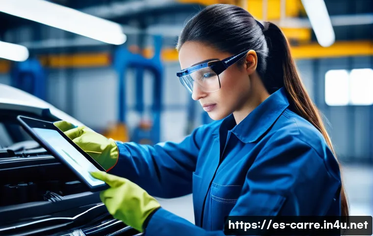 자동차정비기사 자격증으로 할 수 있는 일 - **Prompt:** A highly skilled female automotive technician, dressed in a clean, modern workshop unifo...