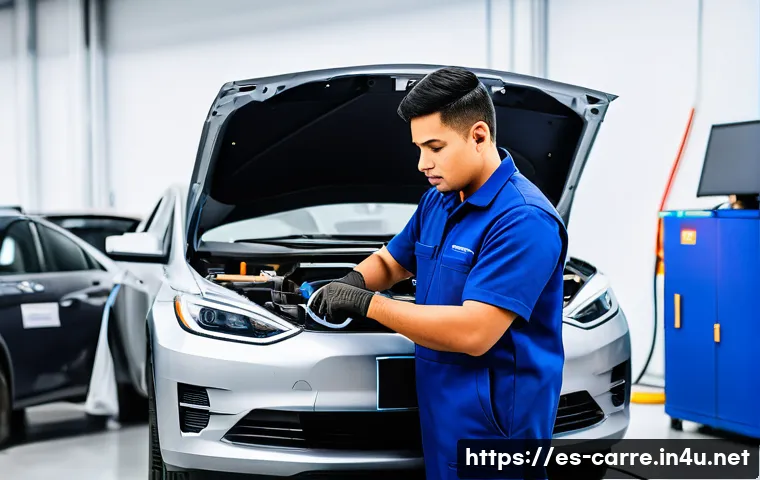 자동차정비기사 이직 시기 판단 기준 - A professional Hispanic automotive technician in a modern workshop in Mexico, wearing clean overalls...