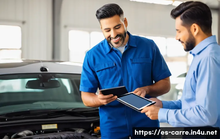 자동차정비 실무에서 발생하는 고객 불만 사례 - A professional auto repair technician explaining car maintenance details clearly to a middle-aged Hi...