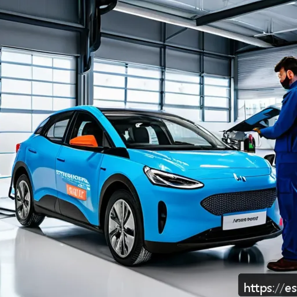 자동차정비 실무와 해외 자동차 기술 - A modern automotive workshop interior in Spain featuring a skilled mechanic using a high-tech portab...