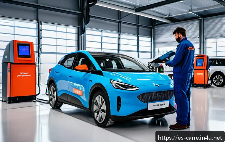 자동차정비 실무와 해외 자동차 기술 - A modern automotive workshop interior in Spain featuring a skilled mechanic using a high-tech portab...