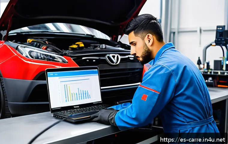 자동차정비기사 시험 합격률 분석 - A detailed scene of a young Hispanic automotive technician in a well-equipped urban workshop, wearin...