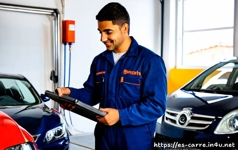 자동차정비기사 취업 성공 전략 - Photorealistic automotive mechanic job interview in a clean independent repair garage in Spain, conf...